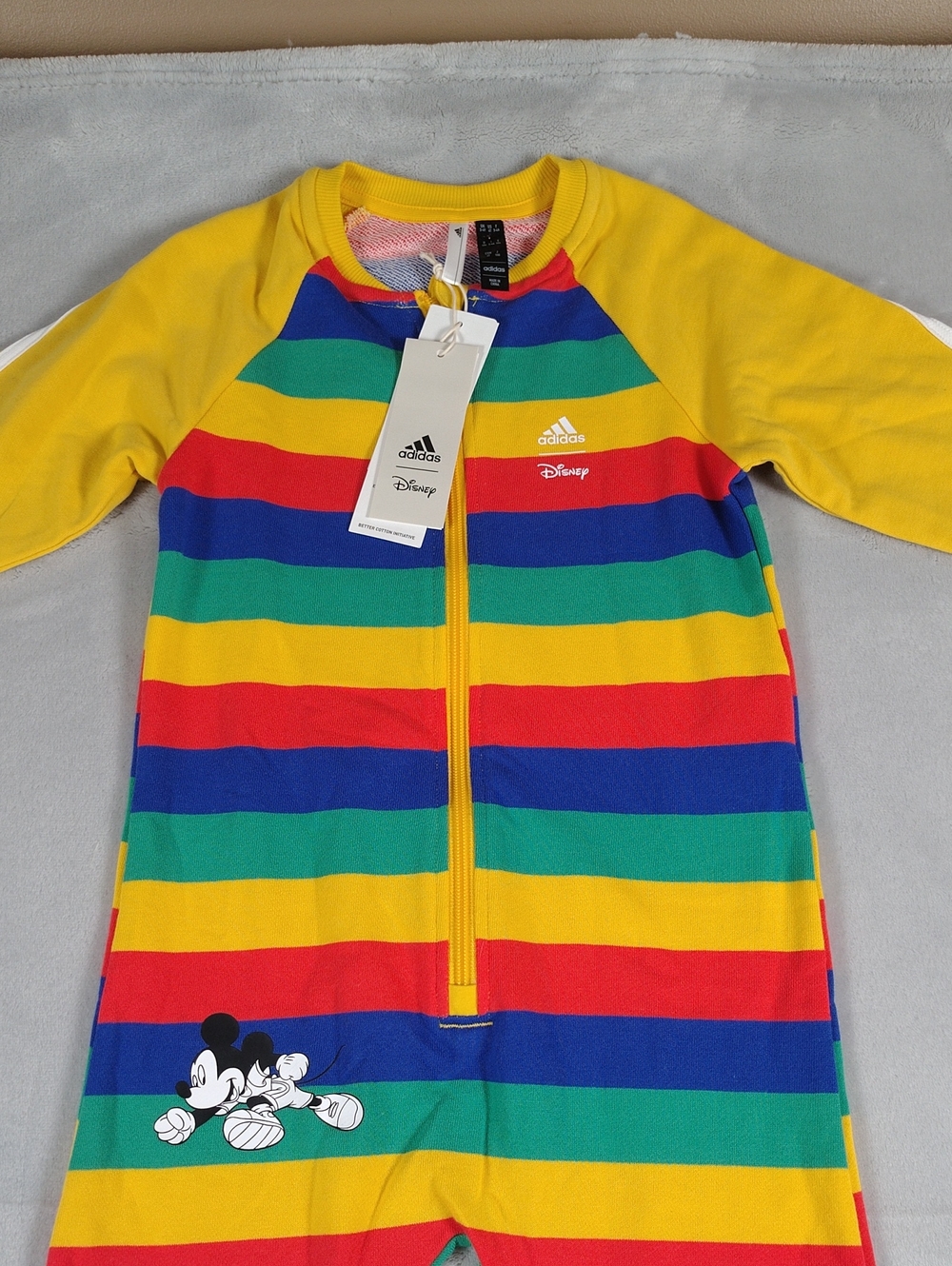 adidas x Disney Multicolor Striped Mickey Mouse Zip Up Jumpsuit Size 4T New - Picture 2 of 13